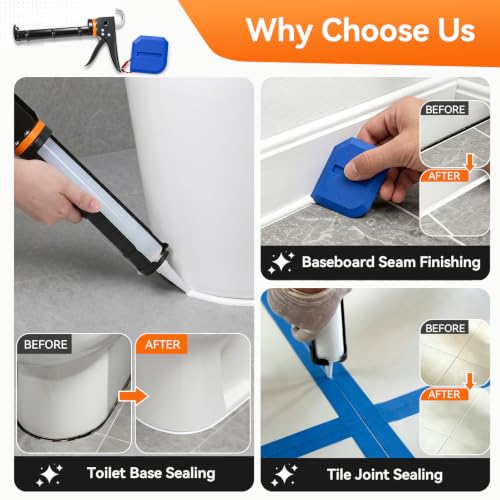 Caulk Gun Kit, Smooth Silicone Caulking Gun and Caulk Remover Tool, Sealant Finishing Tool Grout Scraper for Kitchen Bathroom Window Sink Joint, All in One with Gift Box - color: Black