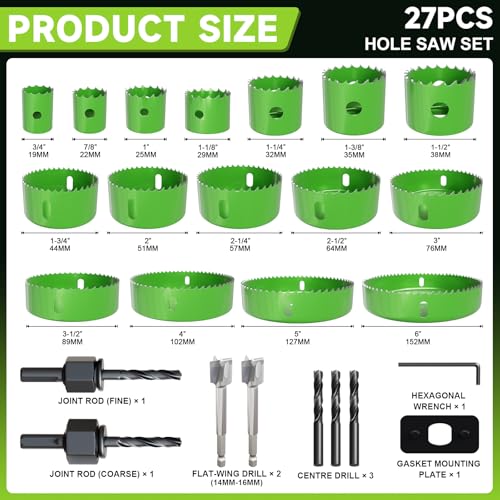 27 Piece Hole Saw Set - High Carbon Steel 19-152mm (3/4" to 6") Blades for Drywall, Softwood, Plastic, and PVC; Professional Grade with Instant Support - size: 27PCS(3/4" to 6"/19-152mm )