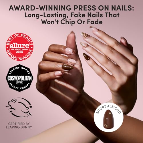 Glamnetic Press On Nails - Short Almond, Glossy Fake Nails 30 Pc Full Kit - color: 3Y - Sunbaked