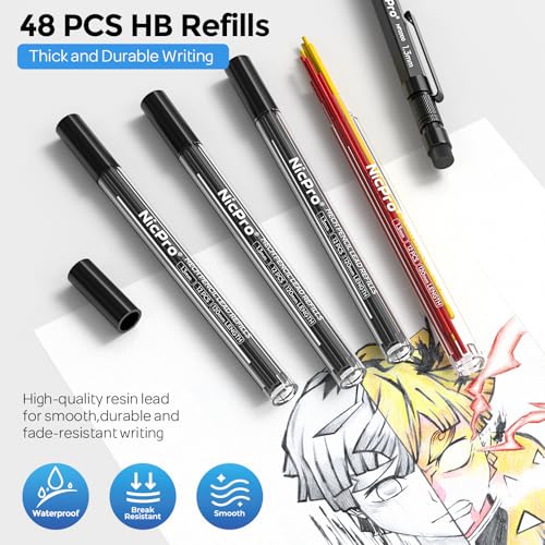 Nicpro 3 PCS 1.3 mm Mechanical Pencils Set with 48 Lead Refill, 3 Eraser - style: 3 Pack (Black)
