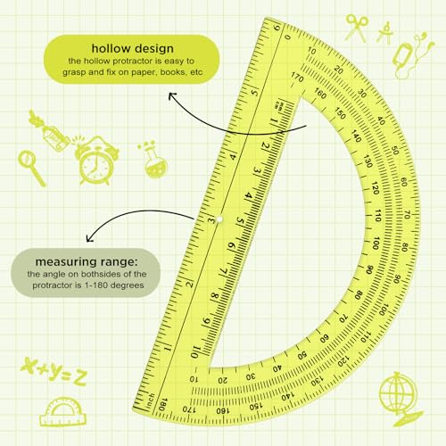 Zonon 2 Pcs 12 Inch Clear Ruler and 6 Inch Plastic Protractor Set, Yellow - color: Yellow