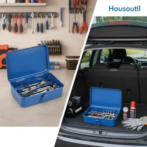 Housoutil Portable Tool Box Repair Tool Storage Container General Tool Box Hardware Case Craft Storage Toolbox for Tools Metal Tool Boxes Hand Carry Blue
