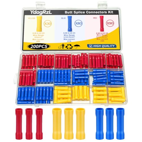 200PCS Copper Butt Splice Connectors Kit,22-10 AWG - color: Red, Blue, Yellow