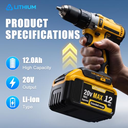 WWX 2 Pack 12000mAh Replacement Compatible for Dewalt 20V Max Battery with High - Capacity Battery Cordless Power Tools 20 Volt Battery DCB200, DCB201, DCB204, DCB205, DCB206, DCB207