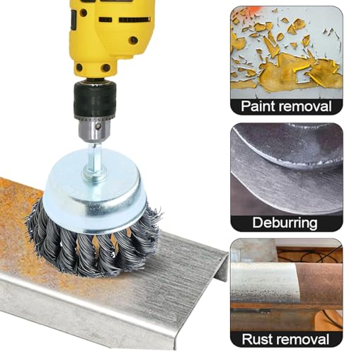 2 Pcs Knotted Wire Cup Brush Set for Drill 1/4 Inch Hex Shank,Coarse Carbon Steel Drill Wire Brush, Wire Brush Drill Attachments Rust Removal