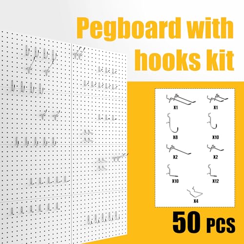 Spampur Peg Board, 8 Pack Metal Pegboard Panels with 50 Hooks - color: White, size: 16x12"- 8 Pcs