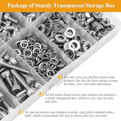 385 Pieces M4 Screws Nuts Washers Set, Sutemribor M4 x 5/6/8/10/12/16/20mm Hex Socket Head Cap Screws Nuts Washers Assortment Kit, 304 Stainless Steel, Fully Threaded - size: M4, style: Socket Head