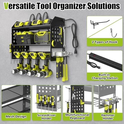 SUNALLY Power Tool Organizer Wall Mount with Charging Station,3 Layer,Black - style: 4 Drill Holders E