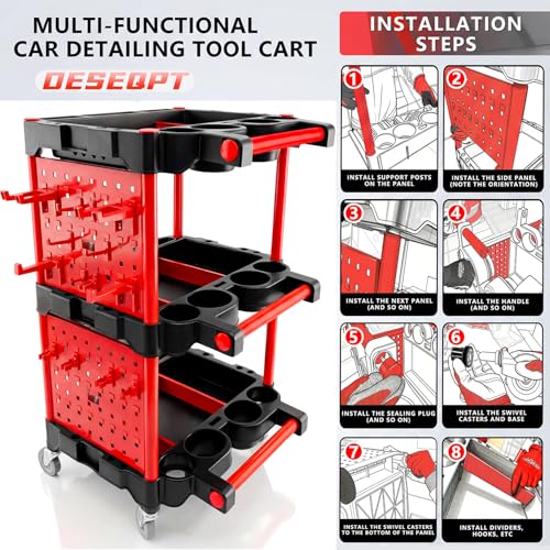 Auto Detailing Cart with Wheels, 3 Tier Rolling Detail Cart - color: Top