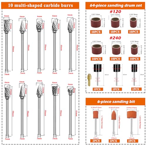 80PCS Tungsten Carbide Rotary Burr Set with Sanding Drums, 1/8" Shank Double‑Cut Rotary Tool Accessories for Dremel & Die Grinder, for Wood Carving, Metal Engraving, Grinding and Polishing - color: 80PCS-5 STYLES