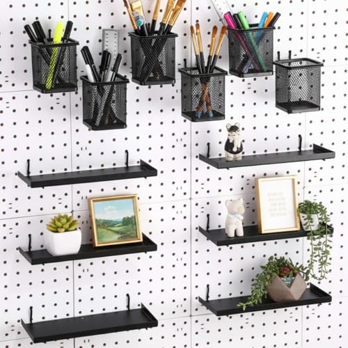 12 Pack Pegboard Organizer Accessories - 6 Pegboard Pencil Cups Holder Peg Board - 6 Shelves Metal Shelf Brackets - Tools Storage Arrange System Kit for Office Garage Room
