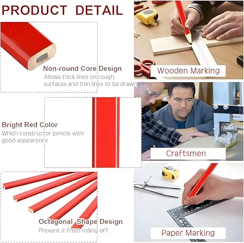 Bexter Carpenter Pencil Set with Sharpeners – 20 Red Flat Woodworking Marking Tools + 2 Sharpeners for Construction, Carpentry, Framing & DIY