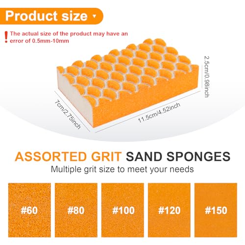 10 Pack Sanding Sponges, Washable Reusable Sanding Blocks, Wet Dry Sandpaper Sponge Set with 60/80/100/120/150 Grit for Woodworking, Drywall, Furniture, Paint, Metal & Home Improvement