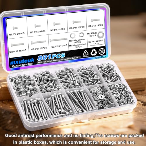 mxuteuk 801PCS M2.5 Screws Assortment Set,M2.5 x 4/6/8/10/12/16/20/25mm M2.5bolts，304 Stainless Steel Hex Socket Head Bolts Nuts Washers Set Suitable for 3D Printer,DIY - size: SS 801PCS M2.5