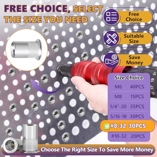 30Pcs SAE #8-32 Rivet Nut Set Flat Head 304 Stainless Steel | High Ductility, For Auto, Furniture & Industrial Use, Storage Case Included. - size: 30Pcs-#8-32