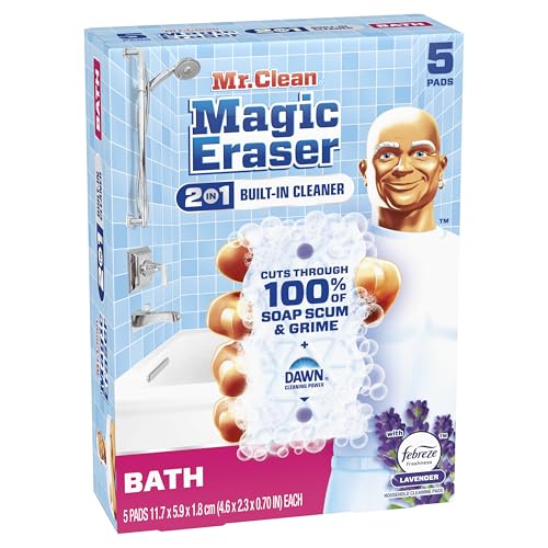 Mr. Clean Magic Eraser Sponge, Bathroom Cleaner, Shower Cleaner, Tub Cleaner, Soap Scum Remover, Bathroom Cleaning Supplies, Dawn Cleaning Power with Febreze Lavender Scent, 5ct - size: 5 Count (Pack of 1)