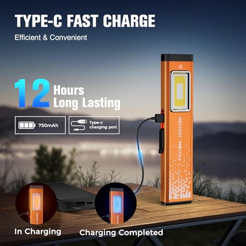 RECHOO Flat EDC Flashlight Rechargeable, 8-Mode Slim Pocket Flashlight with Magnetic Base & Clip, Lightweight Mini Rechargeable Flashlights for Everyday Carry, Working, Camping, Car Repair & Emergency - color: Orange
