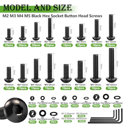mxuteuk 2040PCS Metric Screws Nuts and Bolts Assortment Kit,M2 M3 M4 M5 M6 Machine Screws,Black Zinc Plated Hex Socket Button Head & Phillips Pan Head Screw for 3D Printing,DIY Projects - size: 2040PCS M2-M6