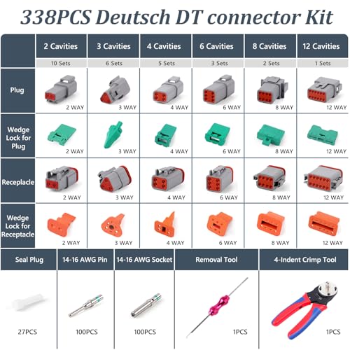 Newdeli 338 pcs Deustch Connector Kit 2 3 4 6 8 12 Pin Connectors with Deutsch Crimping Tool and DT Connector Removal Tool Size 16 Solid Terminal Contacts(14-20AWG) - size: DT Connector 338 Pcs Multi-Pin Kit