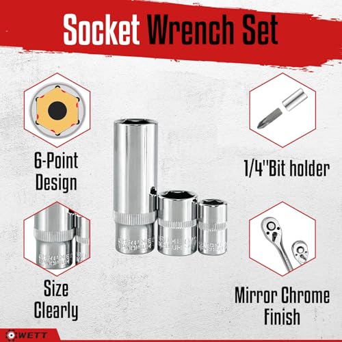 WETT 1/4" and 3/8" Drive Socket Set, 86-Piece Socket Wrench Set with Quick-Release Ratchet, Extention Bar, Adapter, 1/4" Bits, CR-V Steel, Metric/SAE, Deep/Shallow, Mirror Chrome Finish - size: 86pcs 1/4" & 3/8" (SAE/Metric, Deep/Shallow)