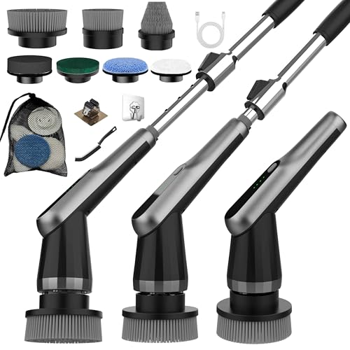 Electric Spin Scrubber, 10-in-1 Shower Scrubber & Retractable Long Handle, 44 lbs High-Torque & Variable Speed Shower Cleaning Brush for Bathroom,Toilet, Bathtub, Kitchen, Tile Floors, - color: Black