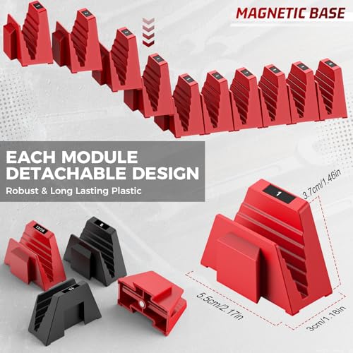 PINOZE 48PCS Magnetic Modular Wrench Organizers for Tool Drawers - Black & Red - Wrench Rack with Metric & SAE Labels, Customizable Magnet Tool Storage Holder for Tool Box Organization
