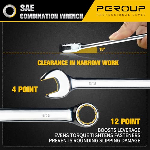 9/16" SAE Combination Wrench, CR-V Steel with Mirror Polish, 12-Point Design, 15-Degree Offset, Perfect for Auto Repair, Household, Car & Truck Emergency - size: 9/16"