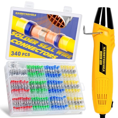 haisstronica 340PCS Solder Seal Connector Kit, 350W Heat Gun, AWG 26-10 | Clear Sleeves, 2 Heat Settings, Focused Nozzle, 4 Color-Coded Sizes, Mini Heat Gun, Tight-Space Repairs - size: 340PCS