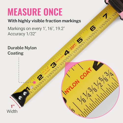 WORKPRO 25-FT Tape Measure with Fractions, 3 Brakes Retractable Measuring Tape, Compact Measurement Tape with Magnetic Hook, Nylon Coating Blade Accuracy 1/32”, Pink - size: 25-FT