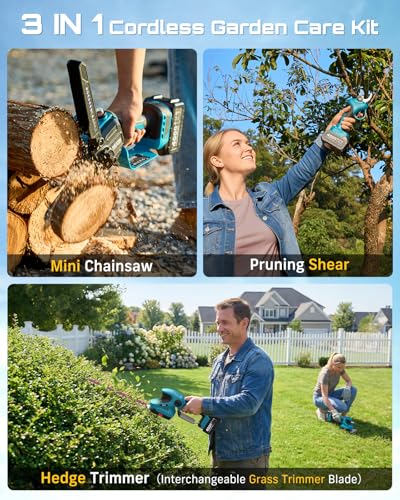 SEESII 4-in-1 Electric Mini Chainsaw, Battery Hedge Trimmer & Pruner Combo - color: Royal Blue