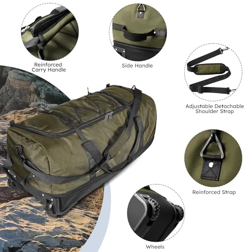 110L Expandable to 140L 32” Foldable Oxford Soft-Sided Rolling Duffle Bag with 2 Heavy-Duty Wheels,2 Large Compartments,Adjustable Shoulder Strap and Attached Organizer Pouch,Green - color: Army Green