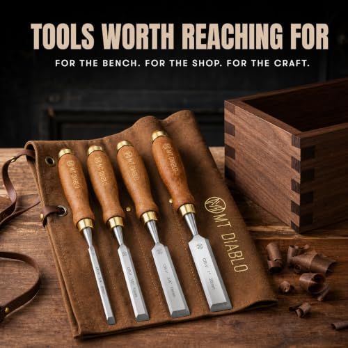 Mt Diablo Woodworking Tools 4 Piece Chisel Set - Premium CV60 Steel Wood Chisel Sets with Ergonomic Handles, Includes 1/4" 1/2" 3/4" 1" Widths - Ideal for Woodworkers - Durable Waxed Canvas Tool Roll