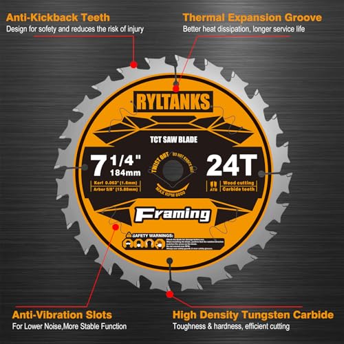 7-1/4 Inch Circular Saw Blade, 5/8” Arbor,24T for Framing&40T for Ripping and Cross Wood Cutting &60T for Fine Finish&140T for Plywood/OSB/Plastic, 4-Pack