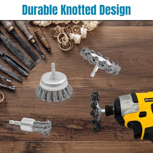 LINE10 Tools 5pk 3" Knotted Wire Brush for Drill Set, 1/4" Hex Shank Impact Twisted Wire Brush Attachments for Metal Welding Cleaning, Heavy Duty Round Circular Wheel Brushes Rust Paint Removal Kit