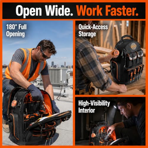 LOKASS Tool Backpack Heavy Duty, 18.5 in, 56 Pockets, Molded Bottom, Black - color: Black
