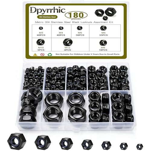 Dpyrrhic 180 Pcs Locknuts Assortment Kit,Black 304 Stainless Steel Lock Nuts Kit Metric Nylon Insert Lock Nuts Set,M3 M4 M5 M6 M8 M10 M12 Size Assortment Kit