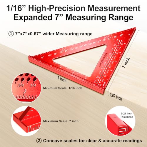 7 inch Carpenter Square, 1/16" Precision Hole Scribing Square Tools, 0-90° Aluminum Alloy Rafter Square, Woodworking Square with Stair Gauge & Carpenter Pencils 12 Refills AM13F - color: Imperial: 7 inch Square+Pencil+Stair Gauge