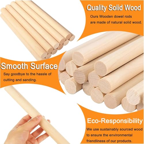 Santoy 20 PCS Wooden Dowel Rods – 3/8 x 15 Inch Round Unfinished Hardwood Sticks for Crafts, DIY Projects, Cake Support, Wedding Ribbon Wands & Art Supplies