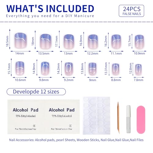 Mivota Short Square Press On Nails blue Nude Gradient False Nails with Silver Streaks Acrylic Press in Nail Gel Stick On Nails Set Glue on Nails for Women & Girls 24Pcs - color: 29-Blue gradient silver lines