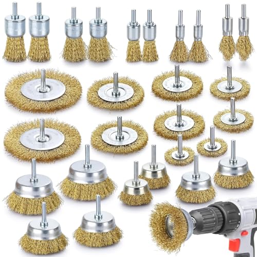 Brass Wire Brush for Drill Rust Removal, Wire Wheel for Drill, Cup Brush and End Brush Set, Wire Brush Drills Attachments, 1/4" Drill Shank, Carbon Steel Bristles (Brass Wire Brush, 28)
