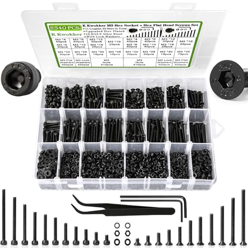 2540Pcs M3 Screw Kit 4MM to 35MM, M3 Socket Head Screws & Flat Head Screws, Upgraded Zinc Plated Assorted Nuts and Bolts Assortment Kit Black M3 Screws with Nuts, Washer and Lock Washers - size: G. M3
