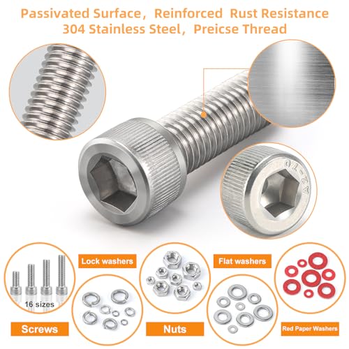 M2 M3 M4 M5 Nuts and Bolts, 304 Stainless Steel Metric Bolt Assortment (Lock & Flat Washers),Metric Screw Assortment, Socket Head Cap Screws, Metric Bolts and Nuts Assortment Kit, 1415pcs - size: M2M3M4M5, style: socket head cap