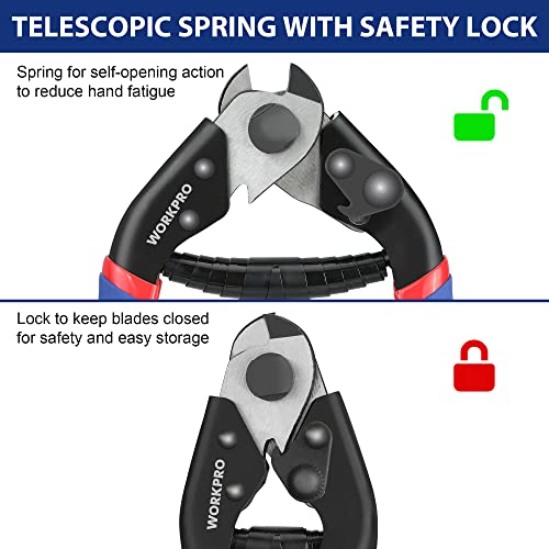 WORKPRO Cable Cutter, 7-1/2 Inch Heavy Duty Wire Rope Cutter | Chrome Vanadium Steel, Safety Lock, Non-Slip Handle for Hard Wire Ropes, Steel Wires and Aircraft Cables