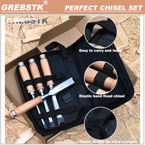 GREBSTK 4 Piece Wood Chisel Set CR-V Steel Sharp Bevel Edge for Woodworking