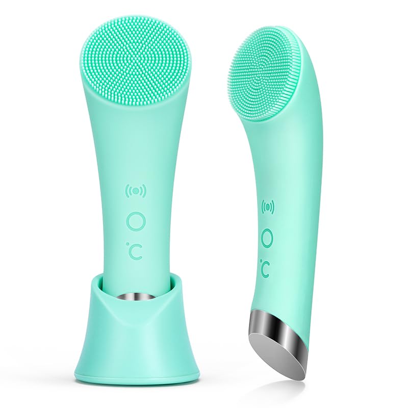 PRITECH Silicone Face Scrubber, Rechargeable Facial Cleansing Brush with Heat Massage End, Vibrating Exfoliator Scrubber for Deep Cleaning, Waterproof Face Brush for Women and Men (Green) - color: Green