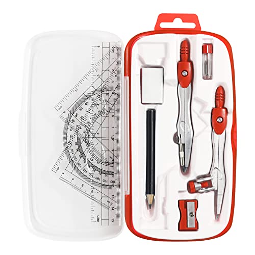 Unjoo Math Geometry Set 10 Pcs, Compass and Protractor for Students (Red - color: Red1