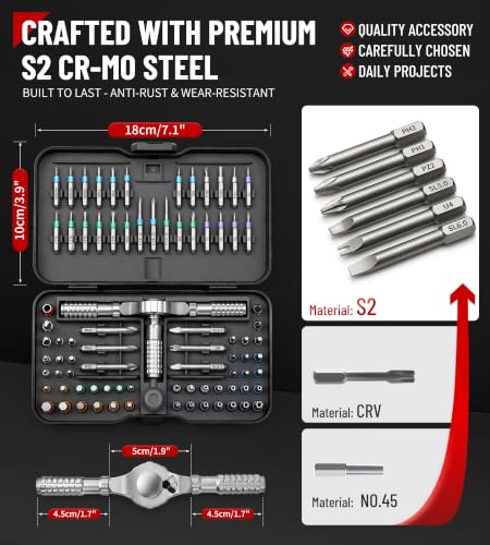 79 in 1 Precision Ratchet Screwdriver Set, Upgraded S2 Steel Tool Kit with Long Bits, Magnetic Electronics Repair Kit Compatible with Smartphones, Laptops, Gift for Men DIY Enthusiasts