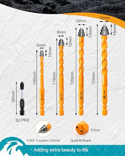 Upgraded Masonry Drill Bit Set 1/4" (6mm) to 1/2" (12mm), EXFEIN Serrated Drill Bits Set - 4-Piece Carbide Drill Bits and 1 Piece Magnetic Screwdriver Bit for Wood Plastic Tile Concrete Brick Marble - size: Set 2(5-Pack)