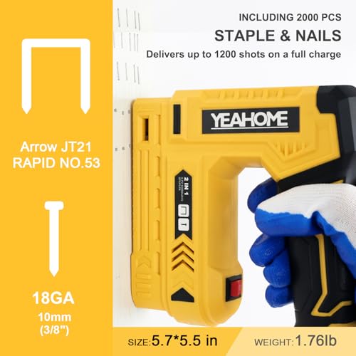 YEAHOME Electric Staple Gun, 2 in 1 Light Duty Cordless Staple Gun for Upholstery with 2000 Staples & Nails, 3.7V Brad Nailer Kit with USB Charger & Staple Remover for Wood, Carpentry, Crafts, DIY