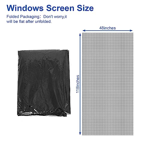 4PCS Window Screen Door Repair and Replacement Kit, 48"x118" Fiberglass Screen Mesh, 0.125" x 40' TPE Spline,Spline Roller and Remove Hook, Window Screen and Sliding Screen Door Replacement - size: Screen with Tools